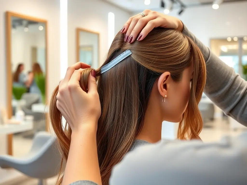 A stylist applying seamless tape extensions to a client's hair, demonstrating the quick and damage-free application process.