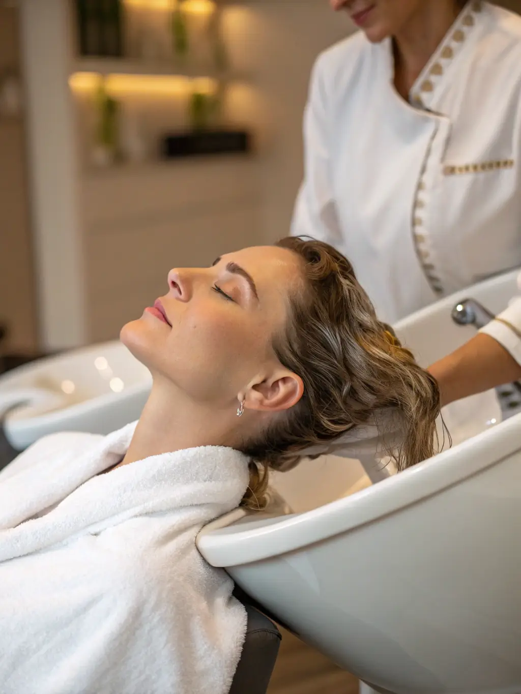 A serene image of a client receiving a hair length wellness treatment, showcasing healthy, revitalized hair.