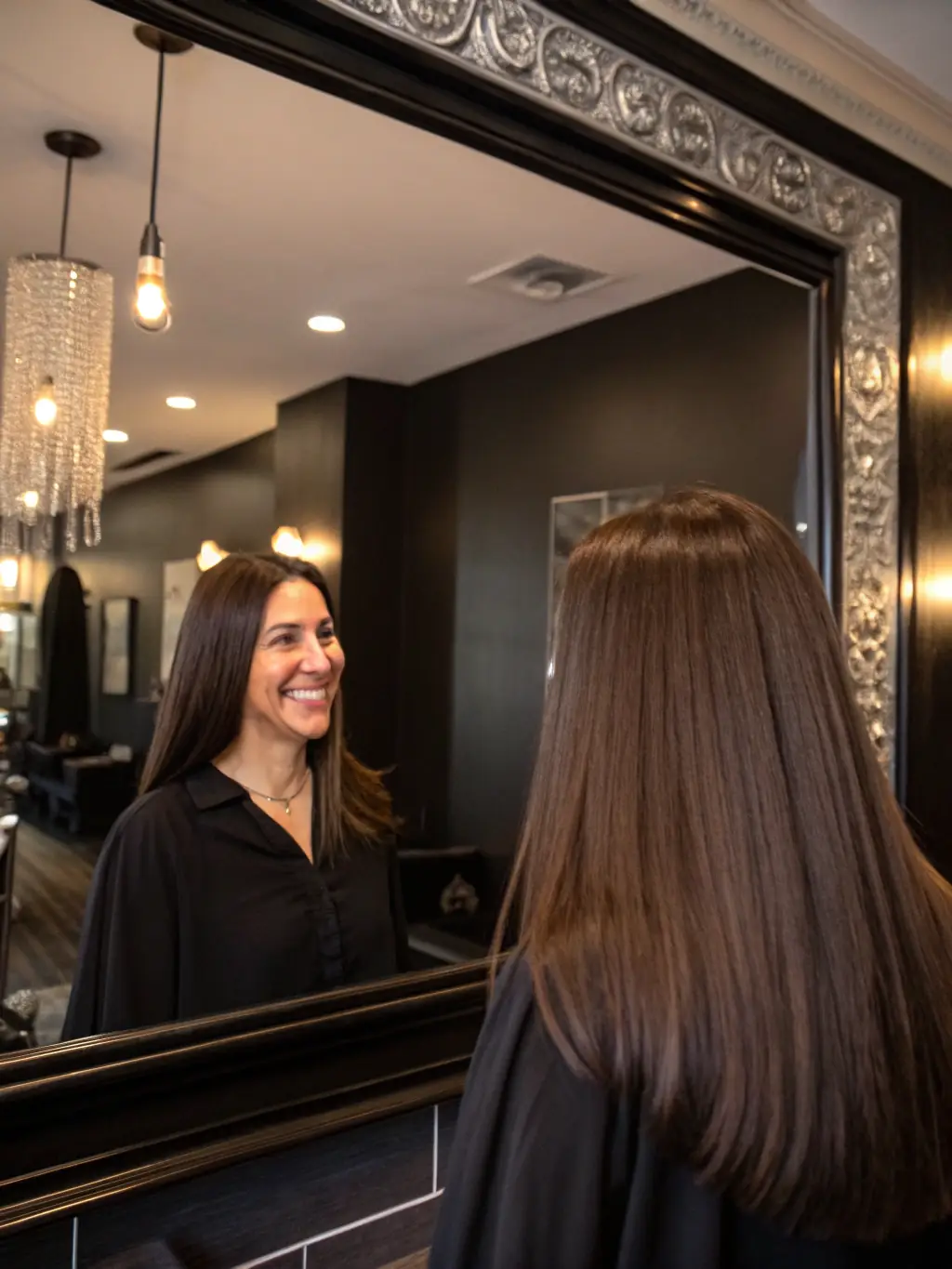 An image showing a stylist applying keratin bonds to hair, with shiny, smooth hair after treatment.
