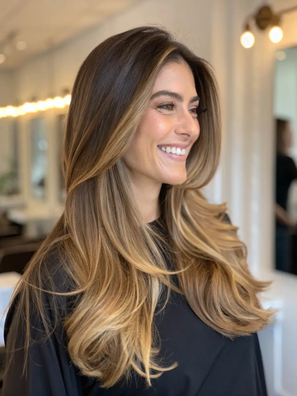 A close-up image of luxurious, seamlessly blended hair extensions in a salon setting, highlighting their natural appearance.
