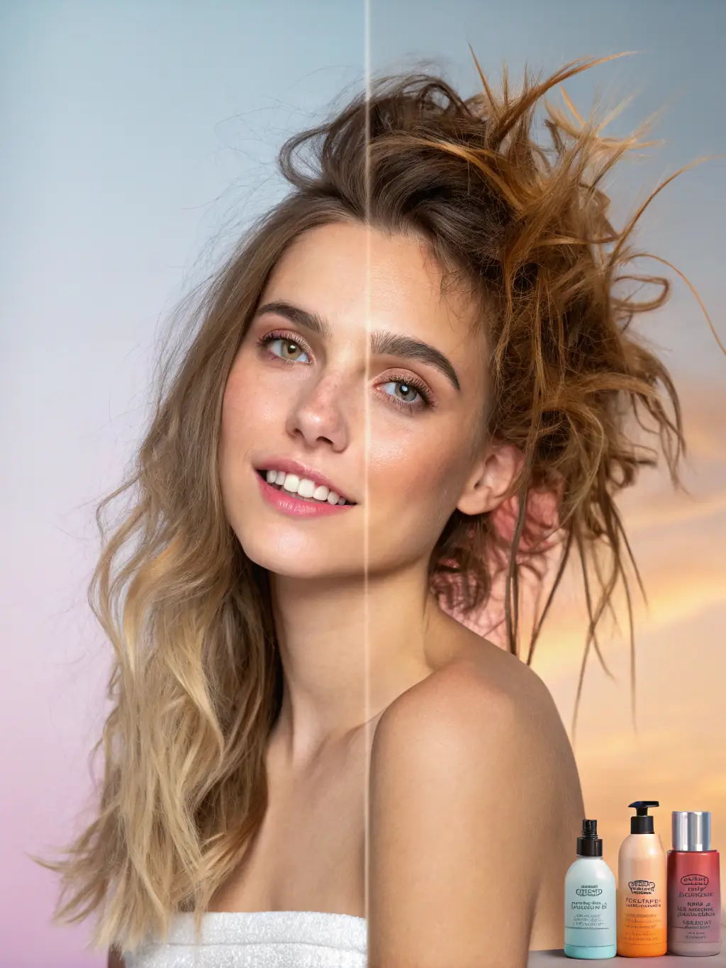 A before-and-after image showcasing the results of a keratin bond treatment at Persona, highlighting the smooth, shiny, and frizz-free hair.