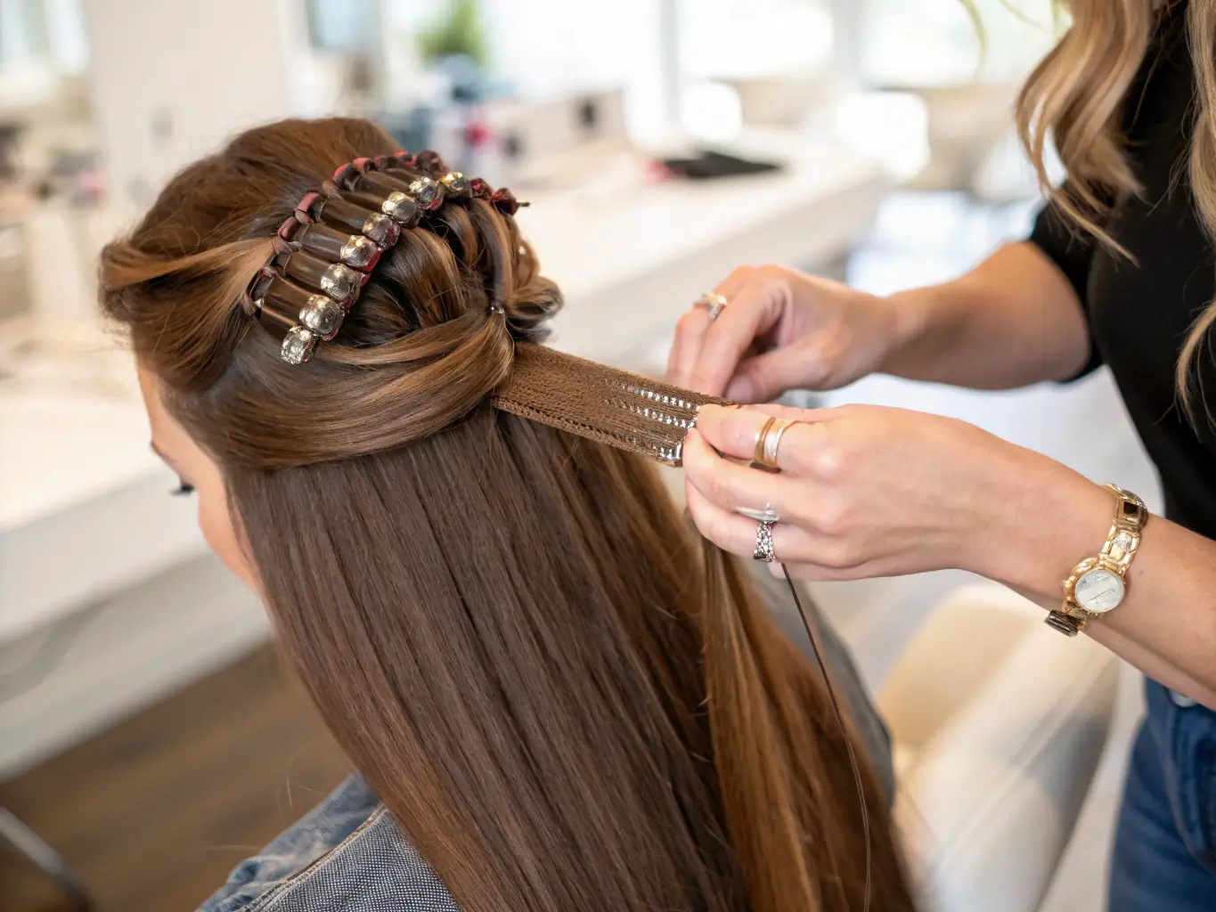 A close-up shot of a stylist applying premium hair extensions to a client's hair, showcasing the seamless blend and natural look achieved at Persona.