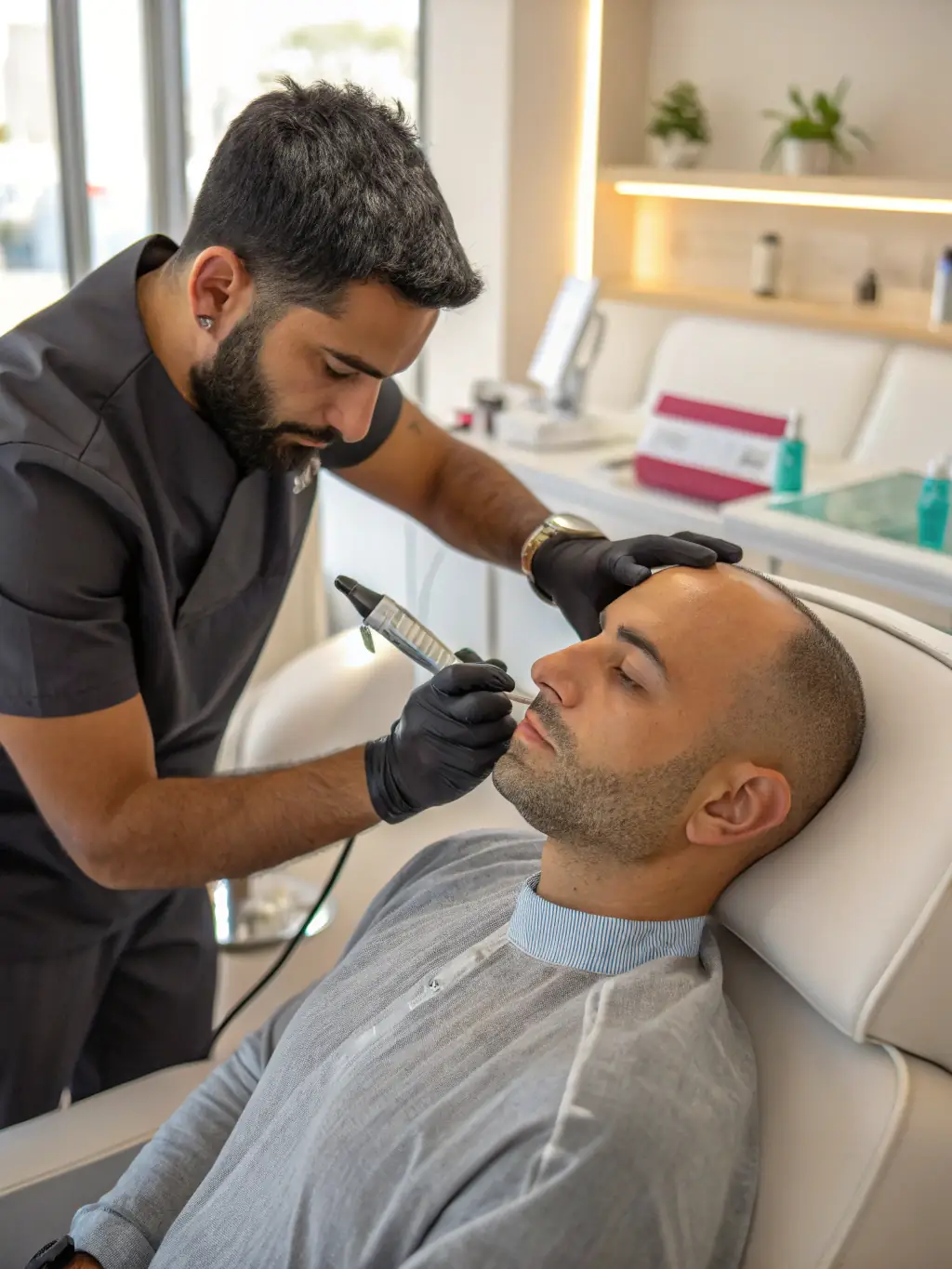A close-up shot of a client's scalp undergoing a revitalizing hair length wellness treatment at Persona, showcasing the application of specialized serums and the use of advanced equipment.